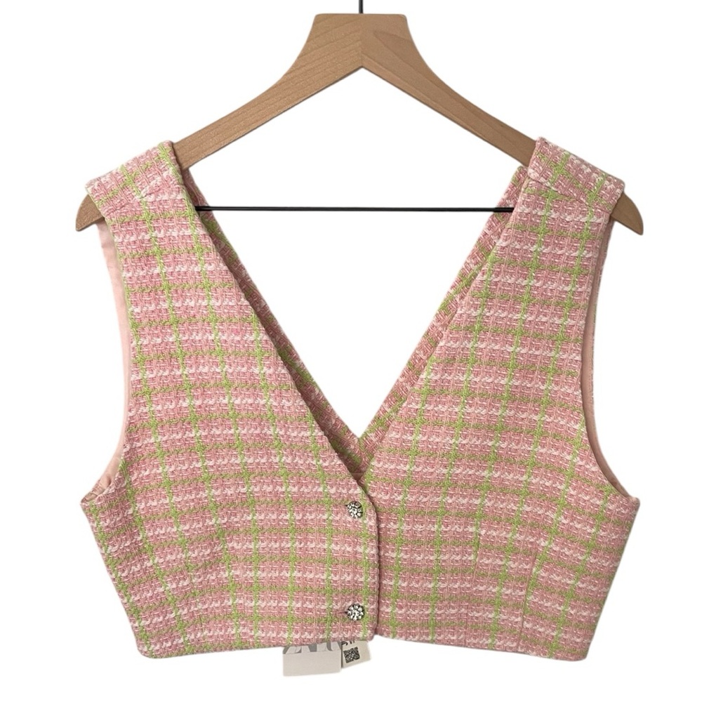 Zara Pastel Pink and Lime Tweed Vest